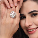 Rhodium Plated AD Pear-Cut Crystal Bloom Adjustable Ring for Women & Girls