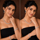 ZENEME Rhodium Plated Pink & Green American Diamond Pastel Square-Cut Tennis Line Necklace Set with Earrings & Set of 2 Bangles for Women & Girls