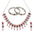 ZENEME Rhodium Plated Red American Diamond Baguette Bloom Fringe Necklace Set with Earrings & Set of 2 Bangles for Women & Girls