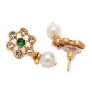 ZENEME Gold Plated AD Kundan Floral Ghungroo Pearl Drop Necklace with Matching Earring Jewellery Set For Women & Girls Gold Toned Necklace Set For Woman