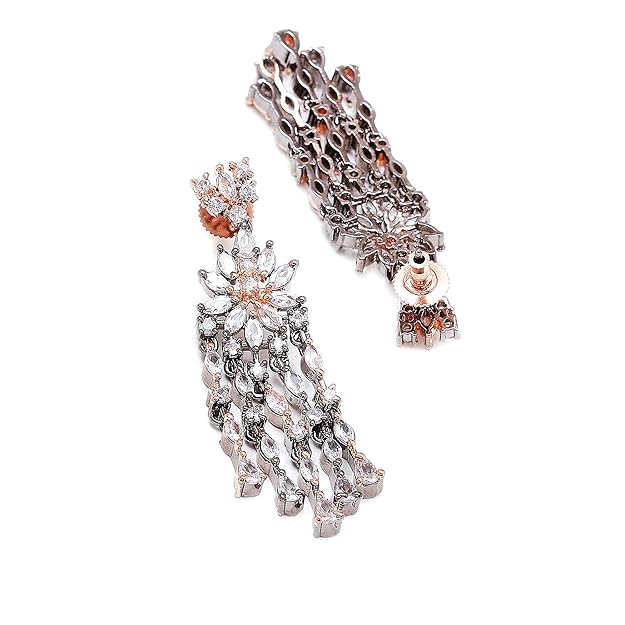 Rose Gold Plated Black Toned American Diamond Studded Detailed Design Pendant Combo Set With Adjustable Bracelet & Ring