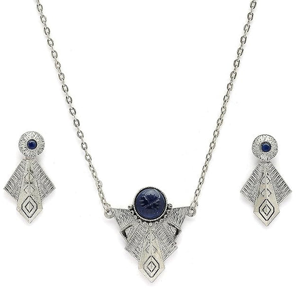 Oxidised Silver Toned Blue Stone Studded Engraved Style Boho Style Jewellery Set