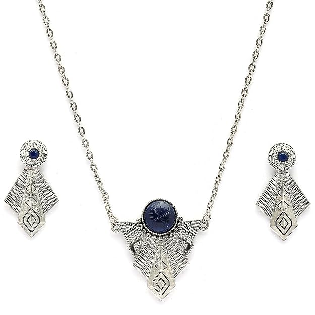 Oxidised Silver Toned Blue Stone Studded Engraved Style Boho Style Jewellery Set