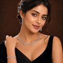 ZENEME Set of 3 Rhodium Plated AD Floral Fringe Bracelets & Necklace Set Jewellery Set For Women & Girls Silver Toned