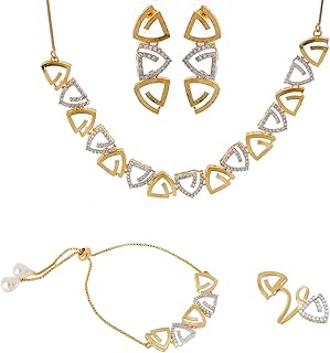 Triangle Shaped Gold-Plated & White American Diamond-Studded Jewellery Set Combo