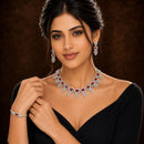 ZENEME Set of 3 Rhodium Plated AD Rectangular Halo Paisley Fringe Necklace Set & Wraparound Bracelet Jewellery Set For Women & Girls Silver Toned
