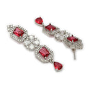 ZENEME Rhodium Plated Red American Diamond Rectangular Halo Floral Frame Necklace Set with Earrings & Set of 2 Bangles for Women & Girls