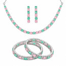 ZENEME Rhodium Plated Pink & Green American Diamond Pastel Square-Cut Tennis Line Necklace Set with Earrings & Set of 2 Bangles for Women & Girls