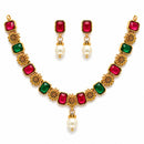 ZENEME Gold Plated AD Dual Teardrop Sunburst Necklace with Matching Earring Jewellery Set For Women & Girls Gold Toned Necklace Set For Woman