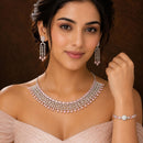 ZENEME Set of 3 Rhodium Plated AD Floral Fringe Bracelets & Necklace Set Jewellery Set For Women & Girls Silver Toned