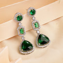 Rhodium Plated Silver Toned Geometric Shaped Green & White American Diamond Studded Drop Earrings