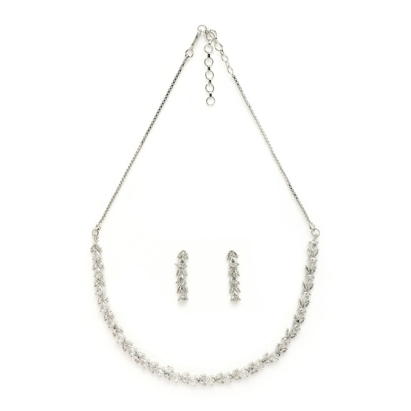 Rhodium Plated Silver Toned Teardrop Shaped White American Diamond Studded Jewellery Set