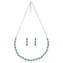 Rhodium Plated Silver Toned Teardrop Shaped Green & White American Diamond Studded Jewellery Set