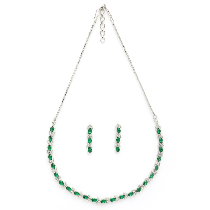 Rhodium Plated Silver Toned Teardrop Shaped Green & White American Diamond Studded Jewellery Set