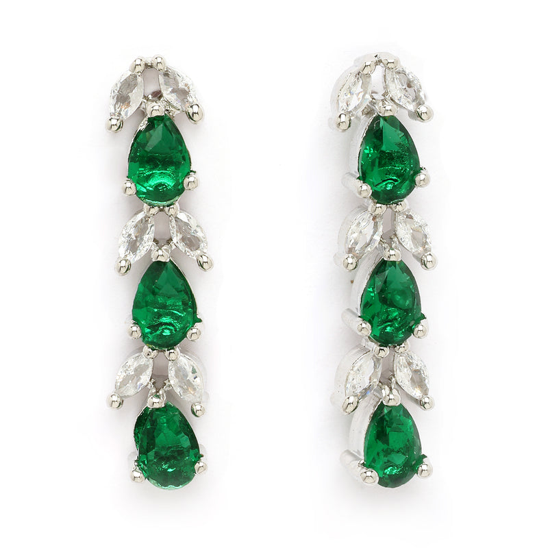 Rhodium Plated Silver Toned Teardrop Shaped Green & White American Diamond Studded Jewellery Set