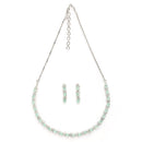 Rhodium Plated Silver Toned Teardrop Shaped Sea Green & White American Diamond Studded Jewellery Set