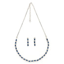 Rhodium Plated Silver Toned Teardrop Shaped Blue & White American Diamond Studded Jewellery Set