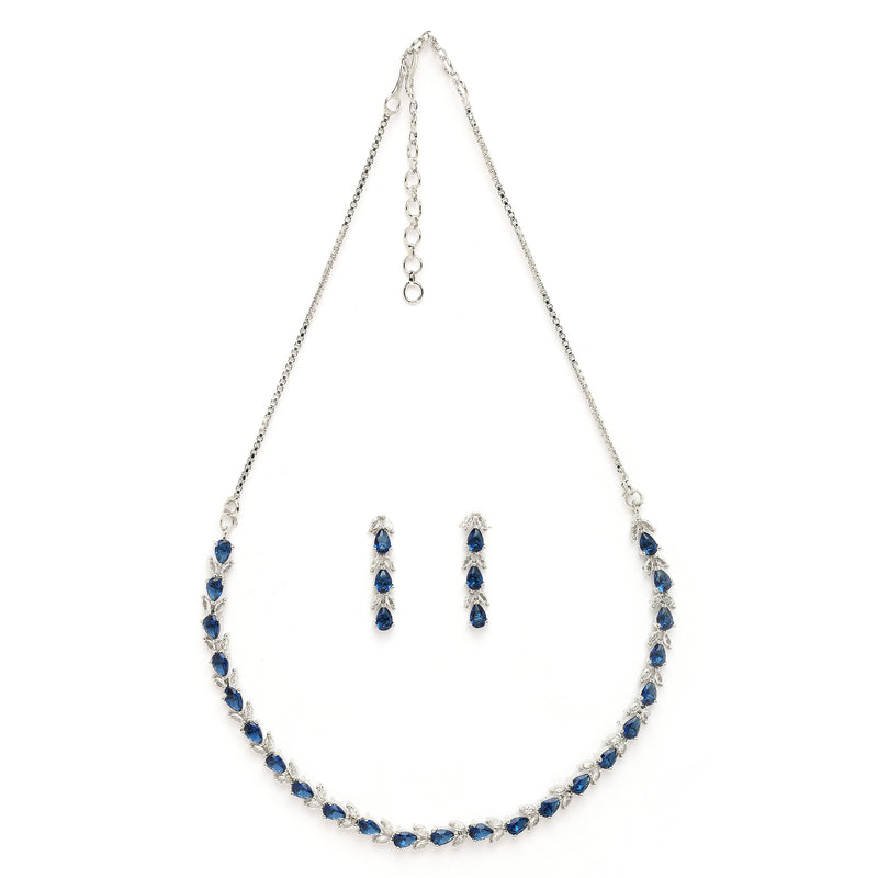 Rhodium Plated Silver Toned Teardrop Shaped Blue & White American Diamond Studded Jewellery Set