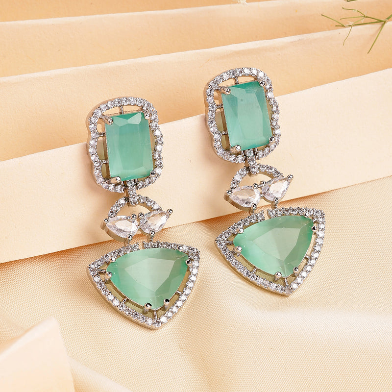 Rhodium Plated Silver Toned Sea Green & White American Diamond Studded Drop Earrings