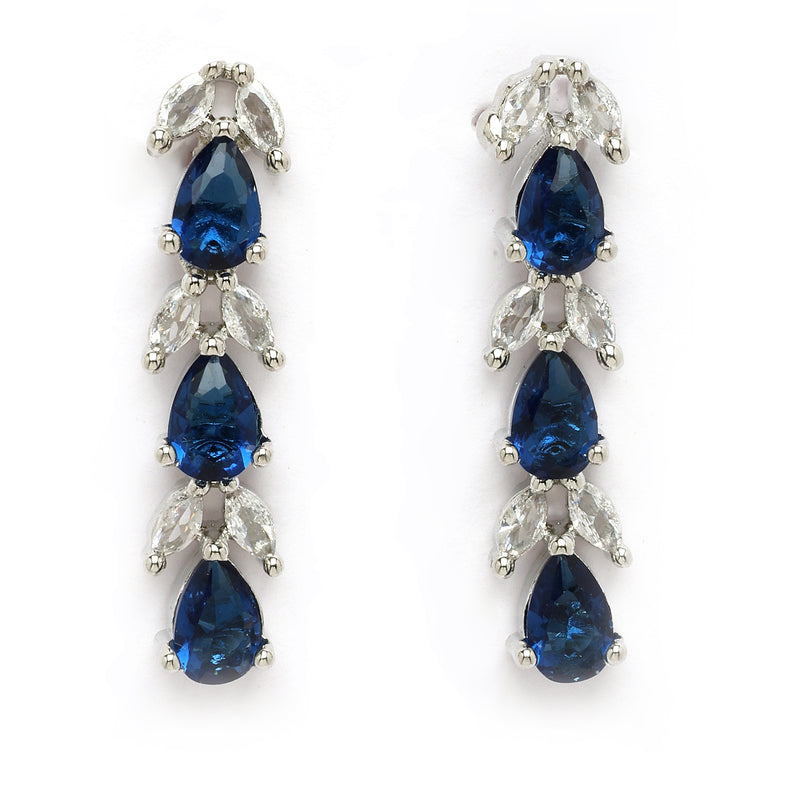 Rhodium Plated Silver Toned Teardrop Shaped Blue & White American Diamond Studded Jewellery Set