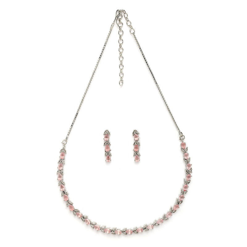 Rhodium Plated Silver Toned Teardrop Shaped Pink & White American Diamond Studded Jewellery Set