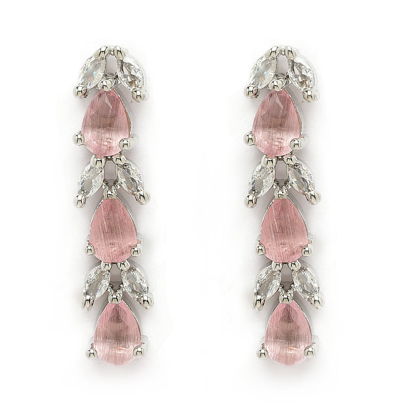 Rhodium Plated Silver Toned Teardrop Shaped Pink & White American Diamond Studded Jewellery Set