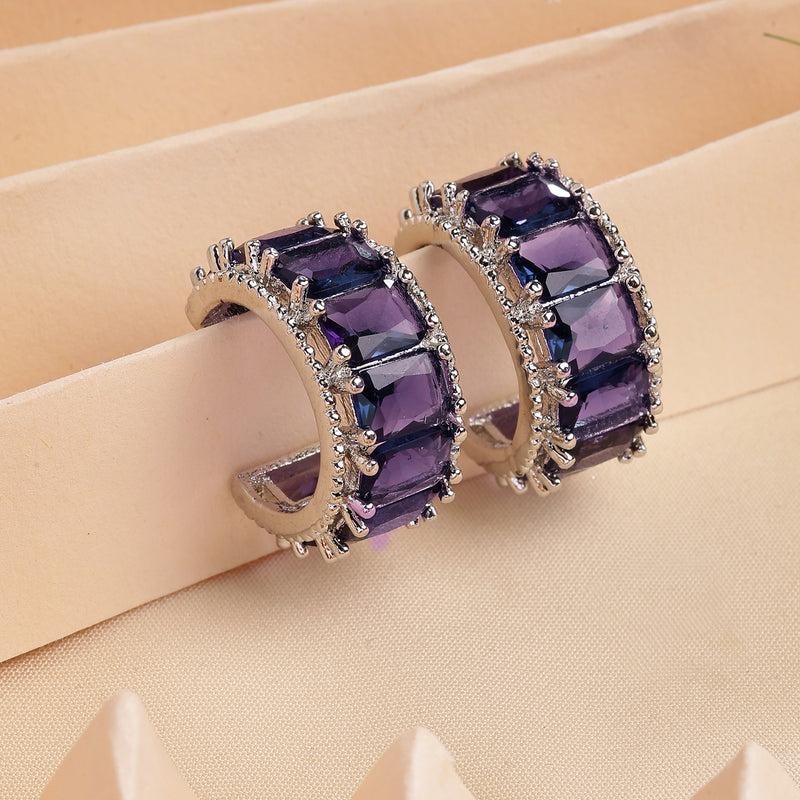 Rhodium Plated Silver Toned Purple American Diamond Embellished Hoop Earrings
