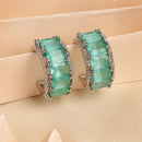 Rhodium Plated Silver Toned Sea Green American Diamond Embellished Hoop Earrings