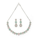 Rhodium Plated Silver Toned Teardrop Shaped Pink & Sea Green American Diamond Studded Jewellery Set