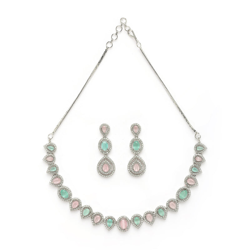 Rhodium Plated Silver Toned Teardrop Shaped Pink & Sea Green American Diamond Studded Jewellery Set