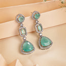 Rhodium Plated Silver Toned Geometric Shaped Sea Green & White American Diamond Studded Drop Earrings