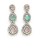 Rhodium Plated Silver Toned Teardrop Shaped Pink & Sea Green American Diamond Studded Jewellery Set