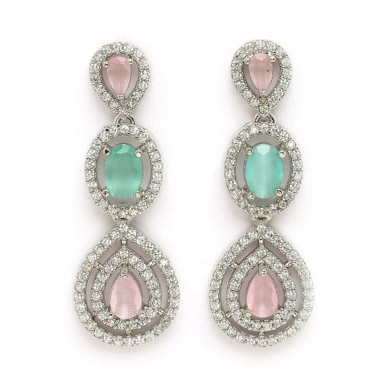 Rhodium Plated Silver Toned Teardrop Shaped Pink & Sea Green American Diamond Studded Jewellery Set