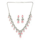 Rhodium Plated Silver Toned Leaf Teardrop Shaped Pink & White American Diamond Studded Jewellery Set