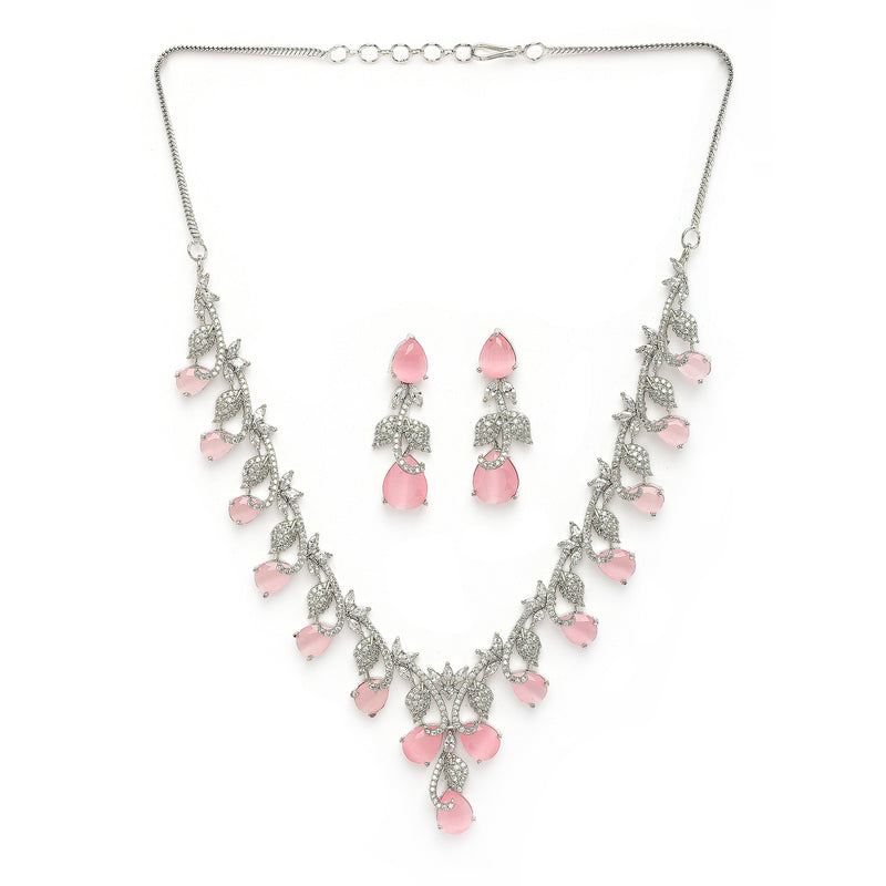 Rhodium Plated Silver Toned Leaf Teardrop Shaped Pink & White American Diamond Studded Jewellery Set