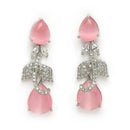 Rhodium Plated Silver Toned Leaf Teardrop Shaped Pink & White American Diamond Studded Jewellery Set