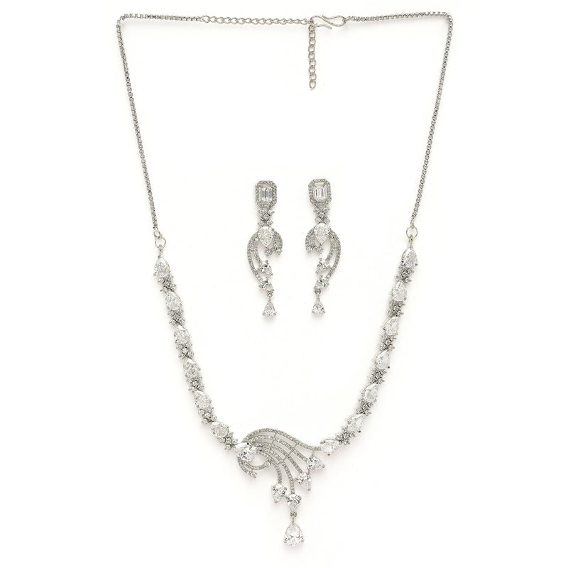Rhodium Plated Silver Toned White American Diamond Studded Jewellery Set