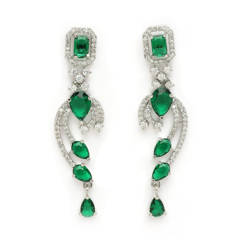 Rhodium Plated Silver Toned Green & White American Diamond Studded Jewellery Set