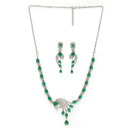 Rhodium Plated Silver Toned Green & White American Diamond Studded Jewellery Set