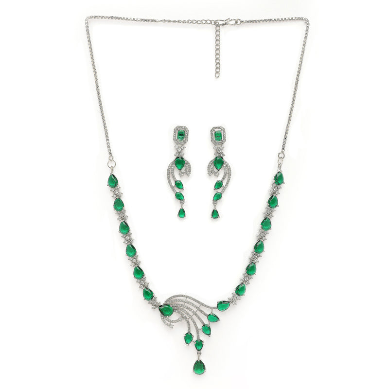 Rhodium Plated Silver Toned Green & White American Diamond Studded Jewellery Set