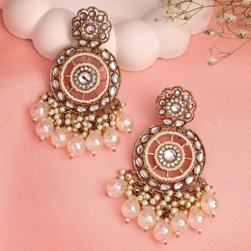 Traditional Gold Plated White kundan Studded Pearl Beaded Royal Jhumkas Earrings
