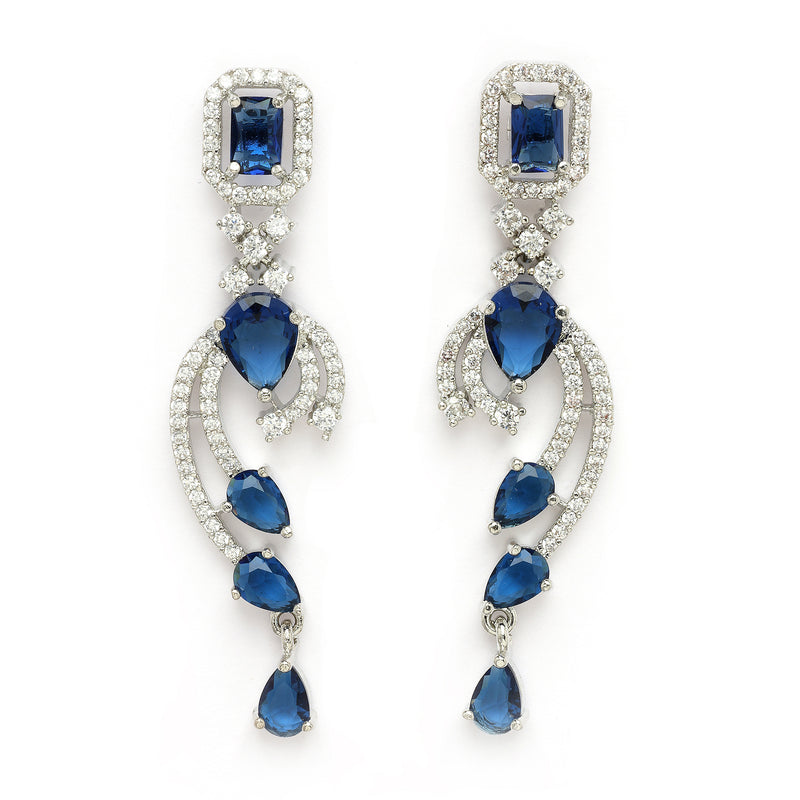 Rhodium Plated Silver Toned Blue & White American Diamond Studded Jewellery Set