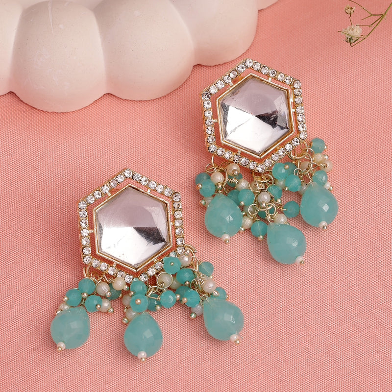 Traditional Gold Plated kundan Studded Blue Glass Beaded Earrings