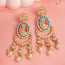 Traditional Gold Plated kundan Studded Pearl Beaded White & Blue Meenakari Chandbali Earrings