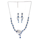 Rhodium Plated Silver Toned Blue & White American Diamond Studded Jewellery Set