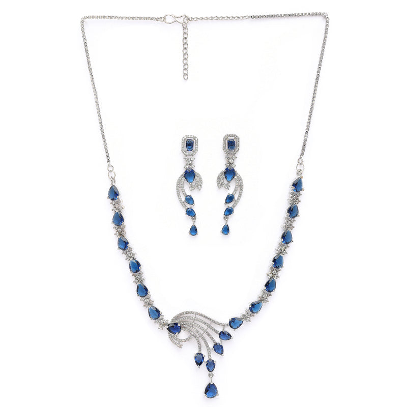 Rhodium Plated Silver Toned Blue & White American Diamond Studded Jewellery Set
