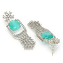 Rhodium Plated Silver Toned Sea Green & White American Diamond Studded Jewellery Set