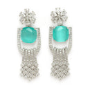 Rhodium Plated Silver Toned Sea Green & White American Diamond Studded Jewellery Set