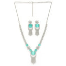 Rhodium Plated Silver Toned Sea Green & White American Diamond Studded Jewellery Set