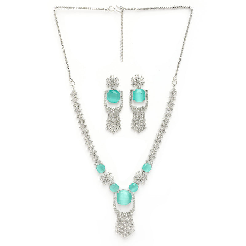 Rhodium Plated Silver Toned Sea Green & White American Diamond Studded Jewellery Set